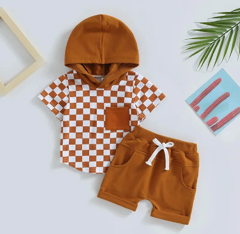 Knit Sweaters Boys 2 Piece Shorts Sets - Rust Checkered with Rust Pockets