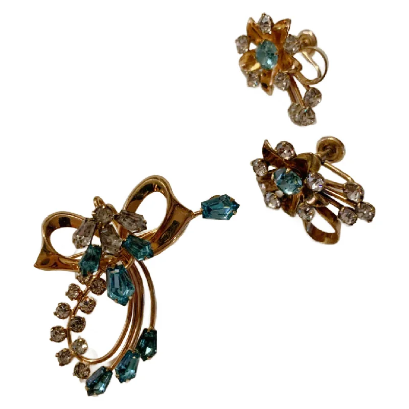 Aqua Rhinestone Bow Brooch and Clip Earrings Demi Parure Set circa 1950s