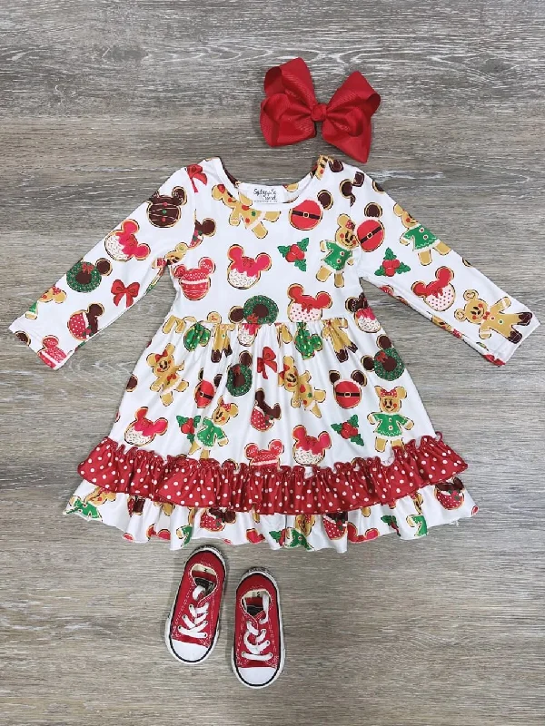 Christmas Cookie Mouse Polka Dot Ruffle Trim Girls Dress