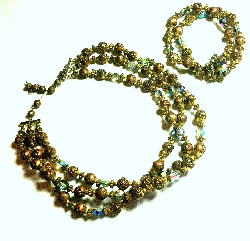 Coppery Rosette Bead and Aurora Borealis Crystal Necklace and Bracelet Demi Set circa 1960s