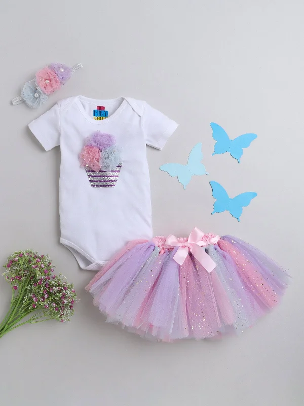 Pre-Order: Floral Multicolored Cupcake Bodysuit, skirt & Hairband- White