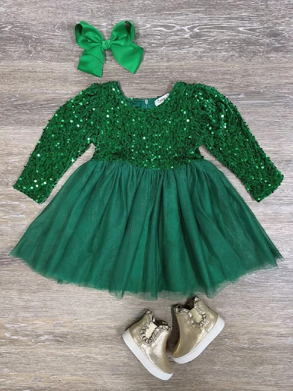 Kelly Green Sequin & Velvet Girls Chiffon Tutu Dress