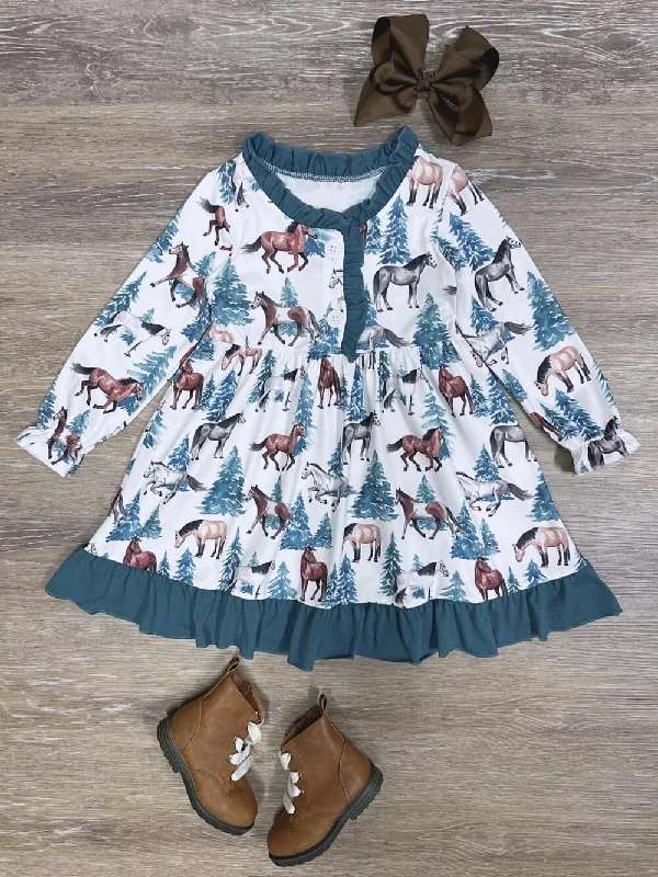 Ranch Life Girls Blue Ruffle Trim Horse Long Sleeve Dress