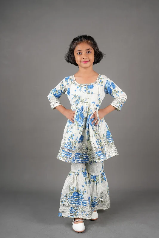 Pre-Order: Blue Gold embellished Flower print sharara set