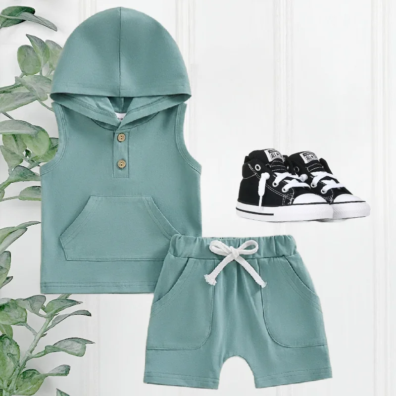 Athletic Vests Boys 2 Piece Shorts Sets - Sea Green Hooded Sleeveless with Pocket