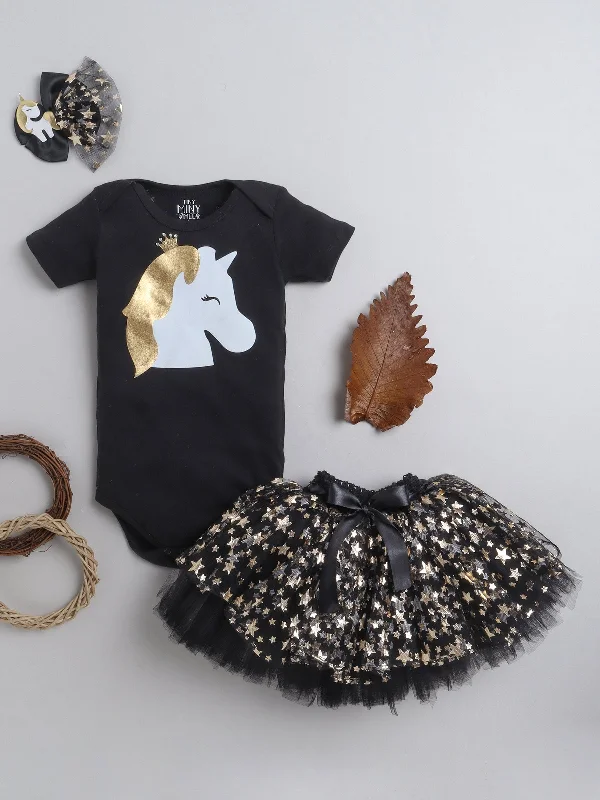 Pre-Order: Unicorn printed Bodysuit, skirt & Hairband- Black