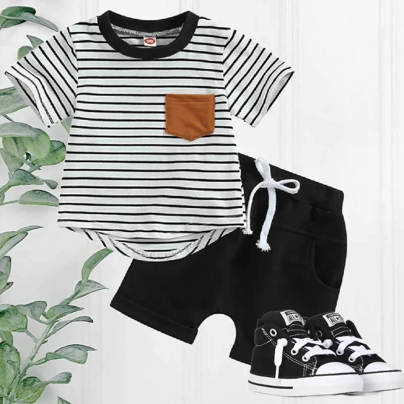 Graphic Sweatshirts Boys 2 Piece Shorts Sets - White with Black Stripe & Rust Pocket