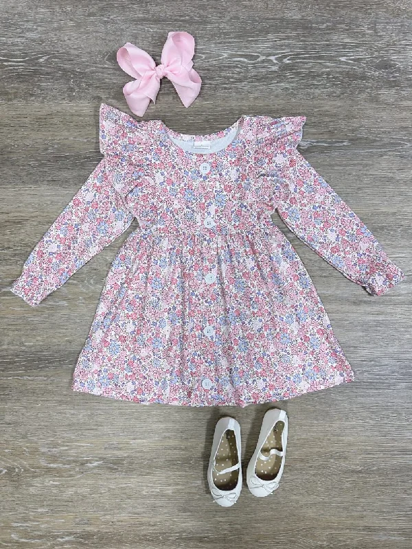 Petite Florals Pink Girls Ruffle Shoulder Long Sleeve Dress