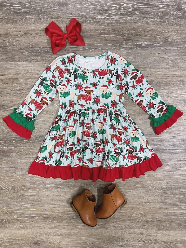 Winter Weiner Dog Girls Ruffle Trim Christmas Twirl Dress