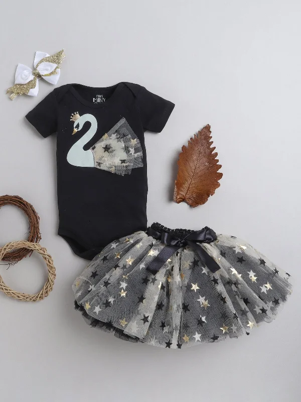 Pre-Order: Swan Frilled Bodysuit, skirt & Hairband- Black