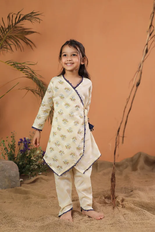 Athleisure Wear Pre-Order: GIRL FLORAL PRINTED KURTA SET-BEIGE