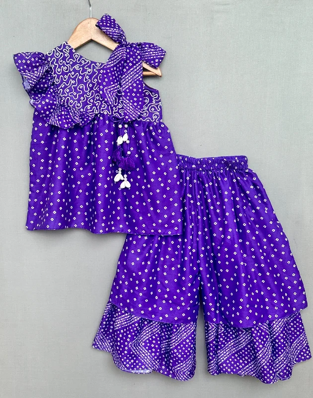 Funky Socks Pre-Order: Hand Embroidered Bandhni Printed Sharara Set in Purple