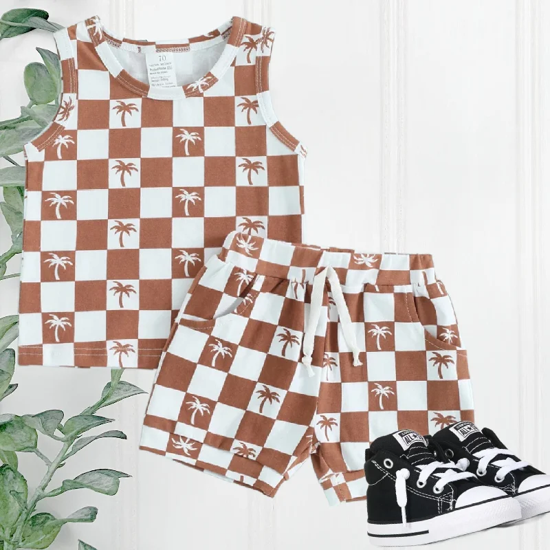 Denim Shirts Boys 2 Piece Shorts Sets - Rust Check Palm Trees Sleeveless