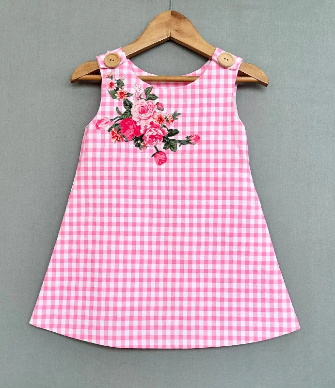 Pre-Order: Gingham Checks A-line dress with applique work