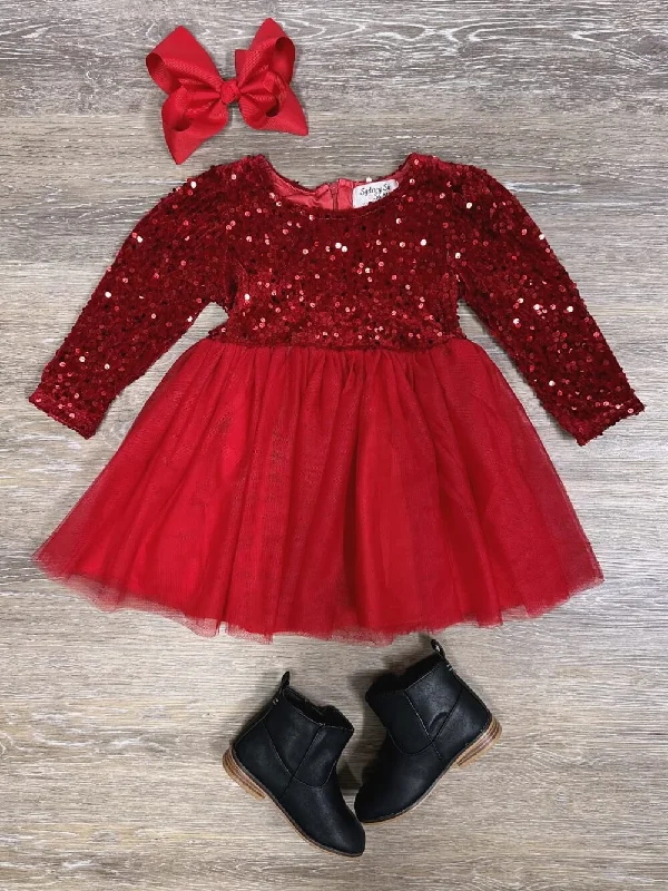 Dark Red Sequin & Velvet Girls Chiffon Tutu Dress