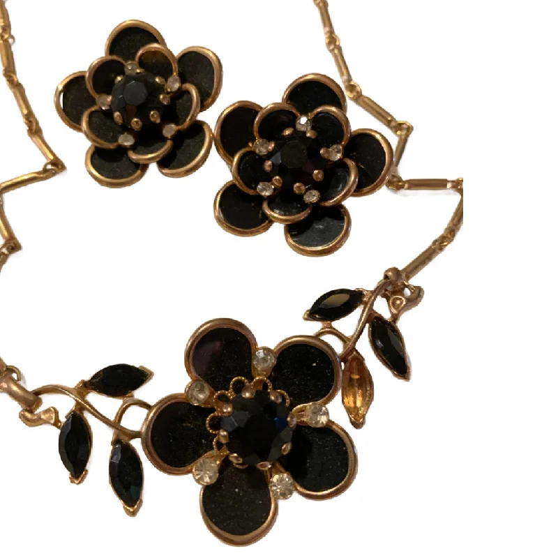 Black Flower Necklace & Earrings Demi Parure Set circa 1960s