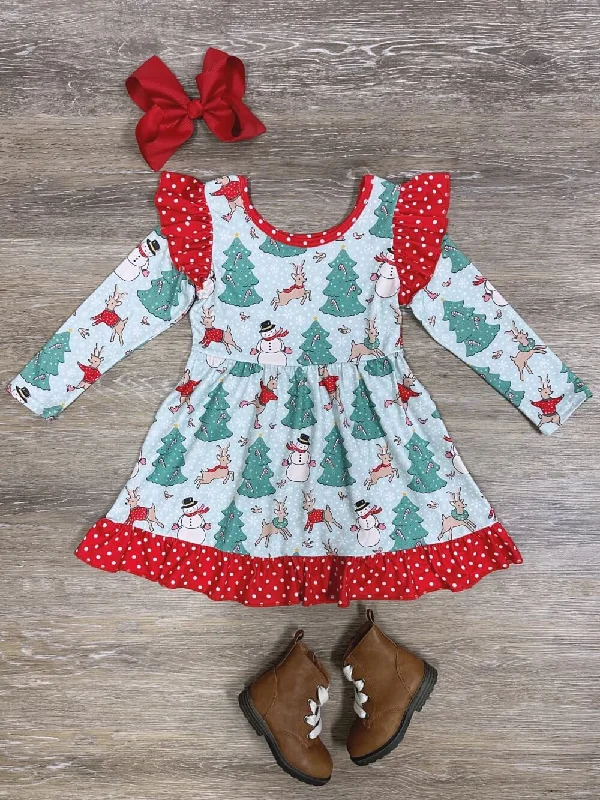 Christmas Dreams Reindeer & Snowman Ruffle Trim Girls Dress