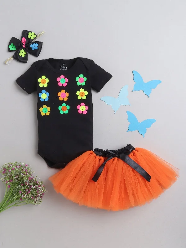 Pre-Order: Neon Flower Bodysuit, skirt & Hairband- Black