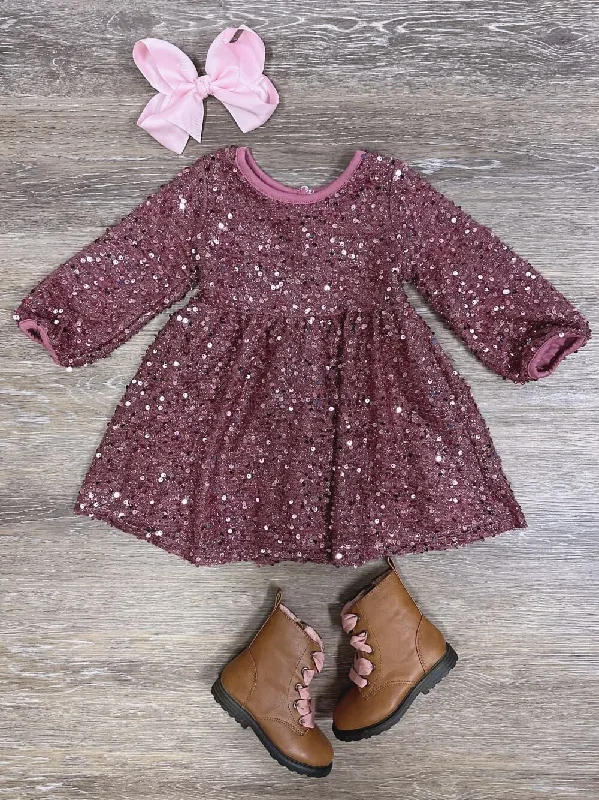 Pretty Pink Sparkle Girls Long Sleeve Sequin Special Occasion Dress