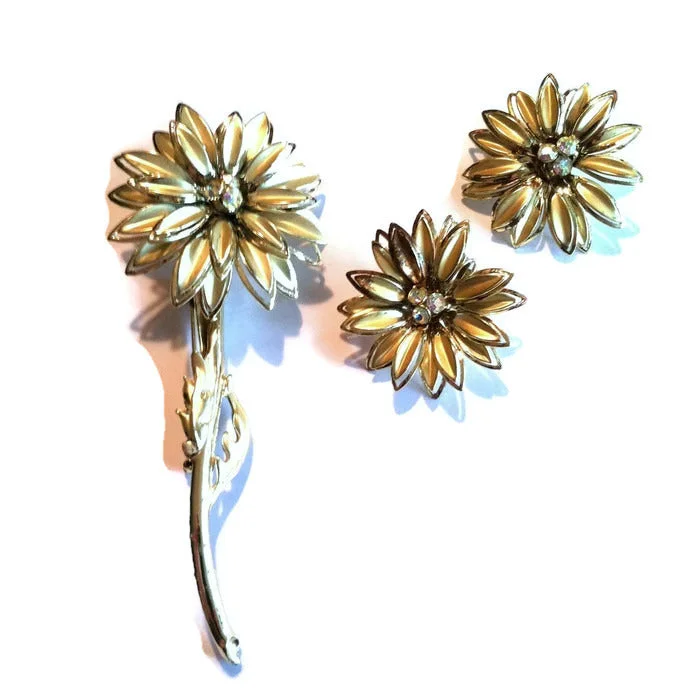 Bold Gold Flower Statement Brooch and Earrings w/ Rhinestones Demi Set circa 1960s