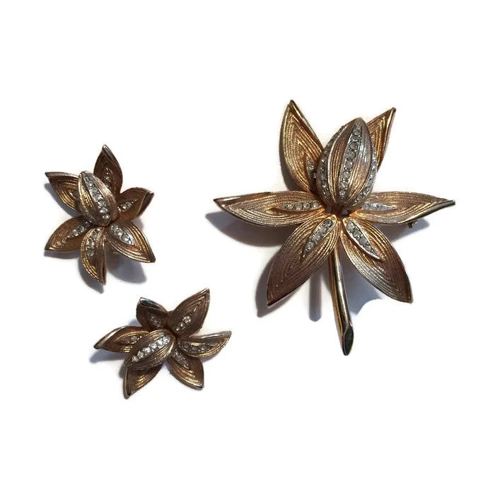 Golden Orchid Rhinestone Adorned Brooch and Earrings Demi Set circa 1940s