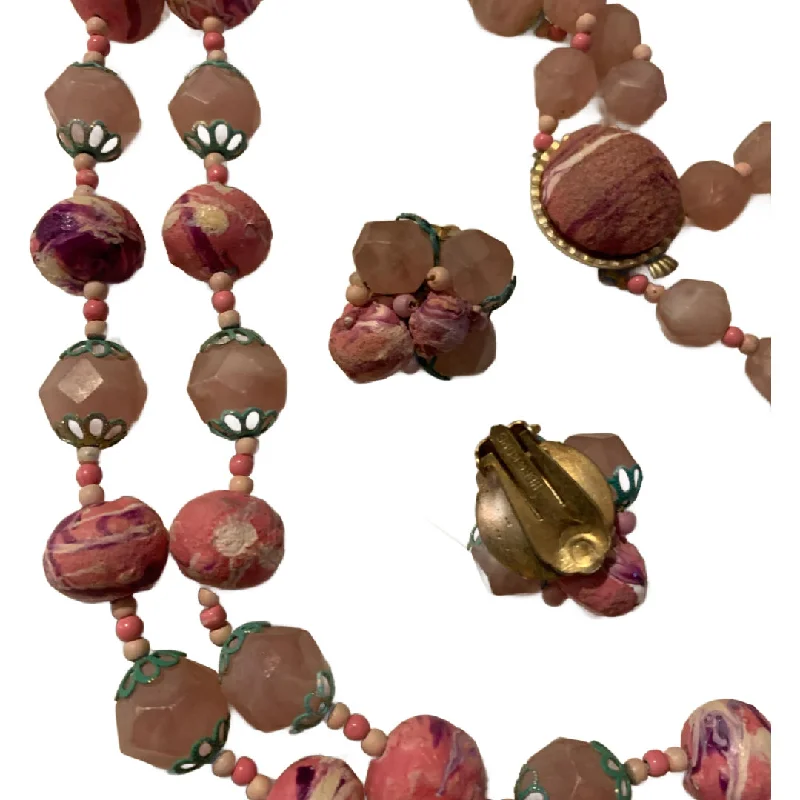 Designer Pants Swirled Pink Clay and Plastic Beaded Necklace & Earrings Demi Parure Set circa 1960s