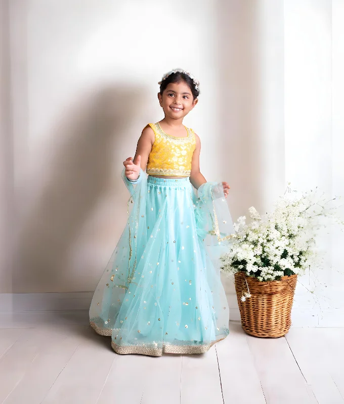 Warm Cardigans Pre-Order: Yellow Brocade Choli with Lehenga