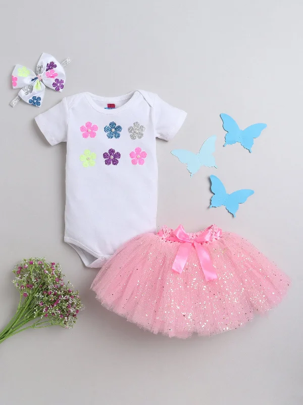 Pre-Order: Glitter Flower Bodysuit, skirt & Hairband- White