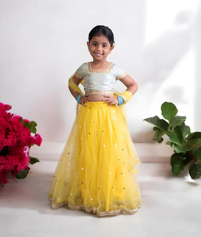 Designer Scarves Pre-Order: Blue Brocade Choli with Lehenga
