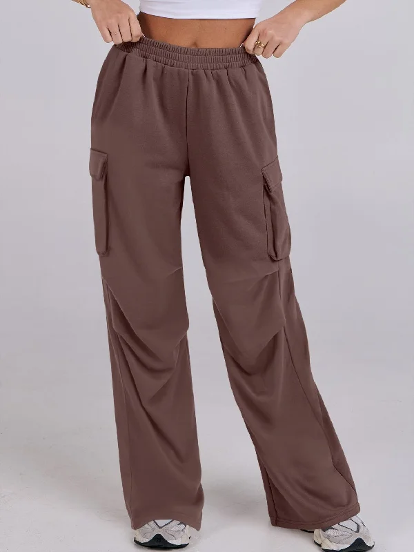 Relaxed Fit Elastic Waist Wide Leg Pants with Pockets