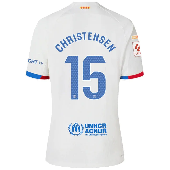 Nike Barcelona Christensen Authentic Match Away Jersey 23/24 w/ LaLiga Patches (White/Royal Blue)