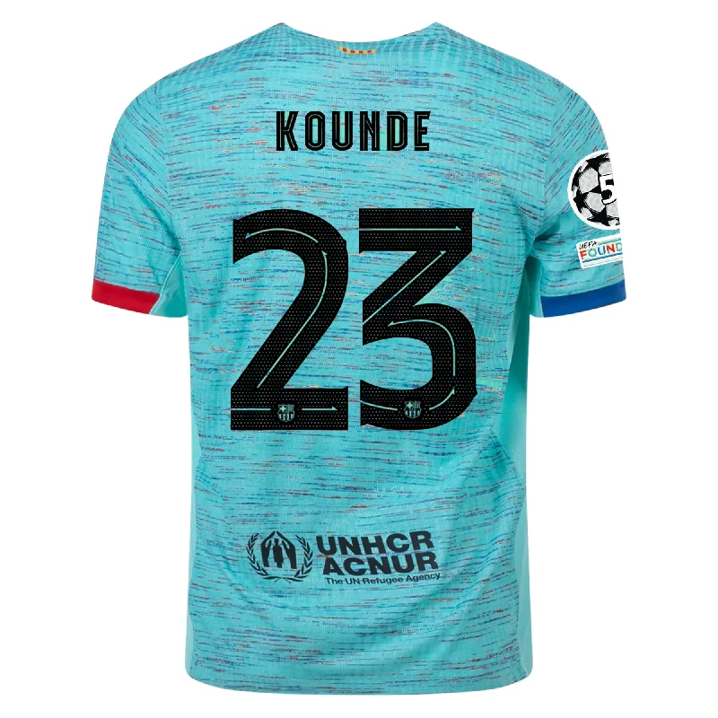 Nike Barcelona Authentic Jules Kounde Match Vaporknit Third Jersey w/ Champions League Patches 23/24 (Light Aqua/Royal Blue)