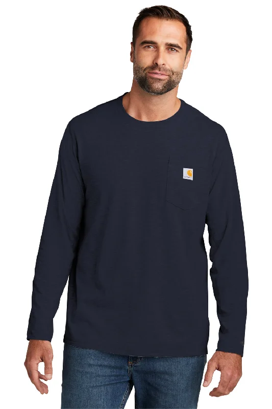 Carhartt Mens Force Moisture Wicking Long Sleeve Crewneck T-Shirt w/ Pocket - Navy Blue