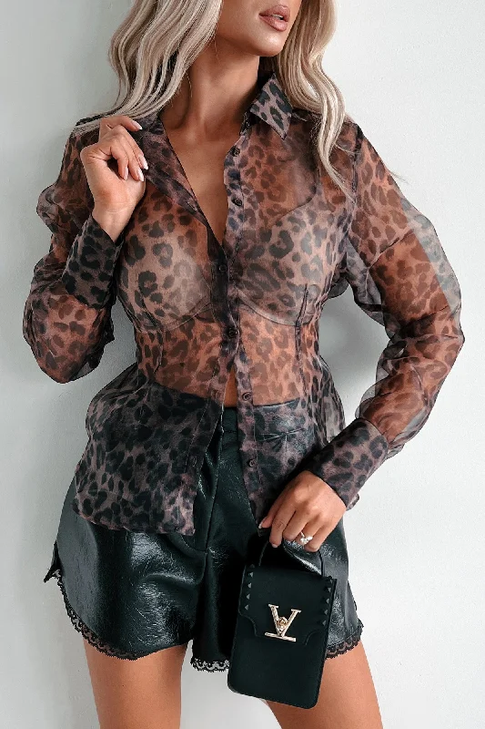 Feisty Reputation Sheer Leopard Print Blouse (Brown)