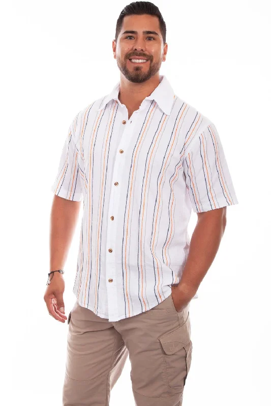 Scully Mens White 100% Cotton Quartz Stripe S/S Shirt