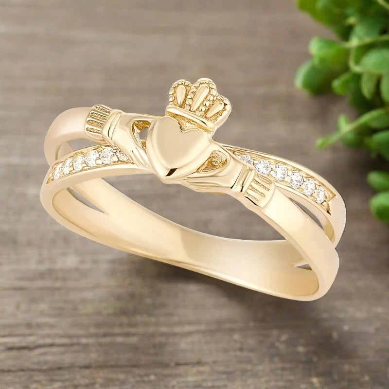 10K Gold CZ Claddagh Crossover Ring