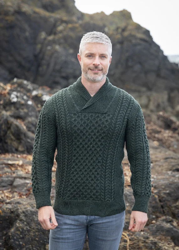 Aran Shawl Neck Sweater | Army Green