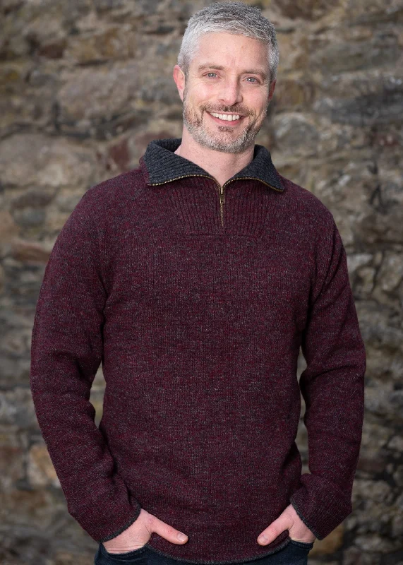 Mens Lambswool Zip Sweater | Claret