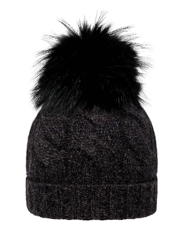 Unisex Chunky Cable Cashmere Hat With Pom Granite Grey