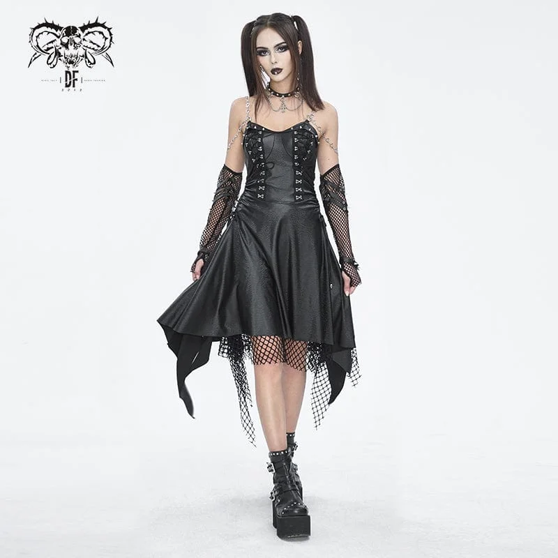 Women's Gothic Mesh Stud Faux Leather Hem Dress