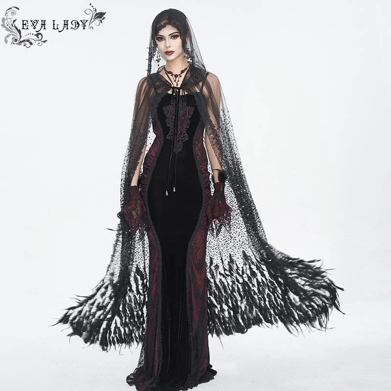 Women's Gothic Rhinestone Feather Cape with Hood