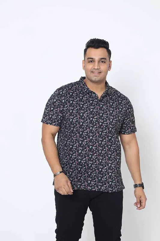 Men Plus Size Black Floral Printed Polo Collar T-shirt