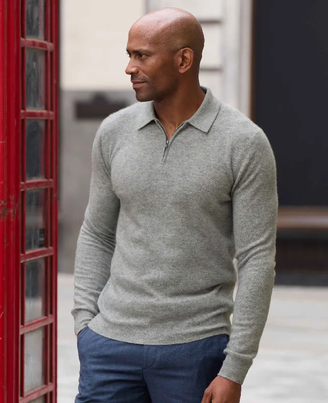 Light Grey Merino Wool Cashmere Zip Neck Long Sleeve Polo Shirt