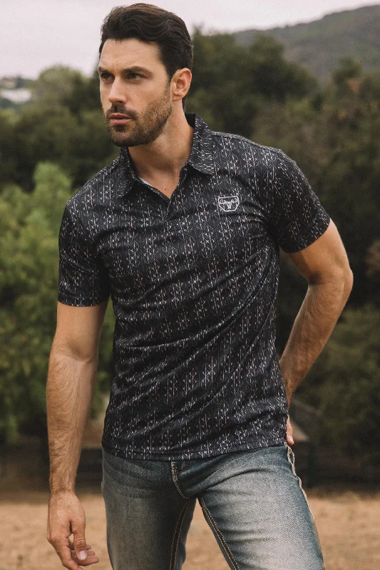 Mens Performance Fabric Print Black Polo