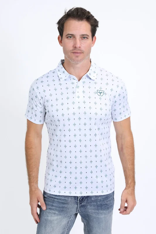 Mens Performance Fabric Print White Polo