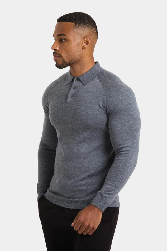 Merino Wool Polo Shirt in Mid Grey Marl