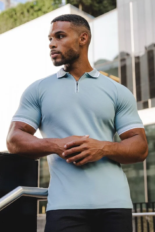 Stripe Tipped Zip Neck Polo Shirt in Aqua