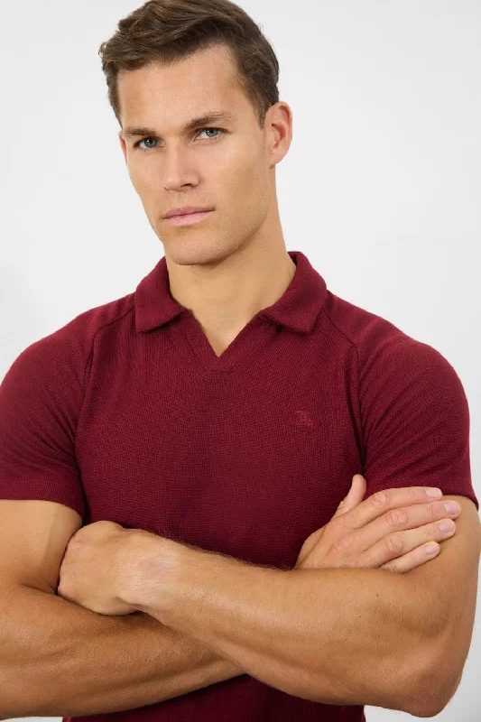 Textured Open Collar Polo Shirt in Claret