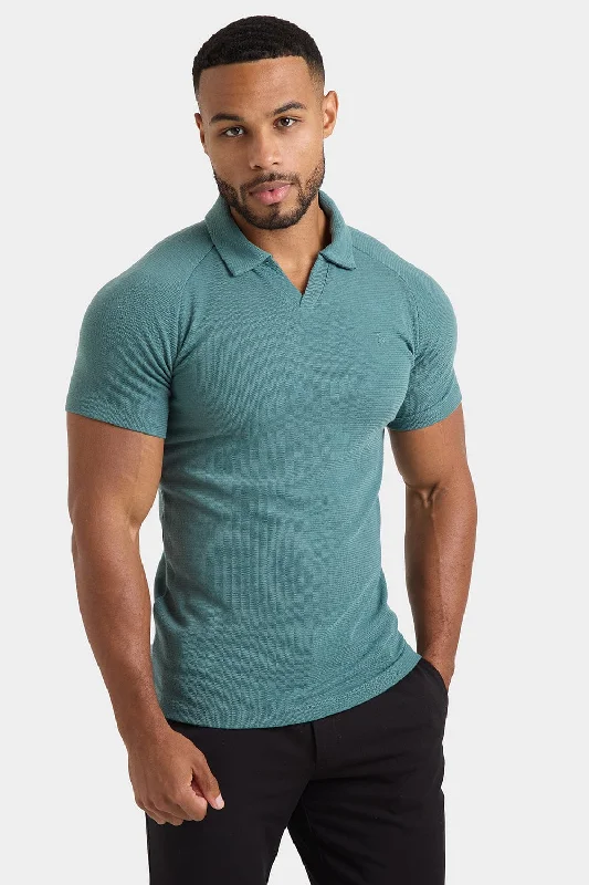 Textured Open Collar Polo Shirt in Kale