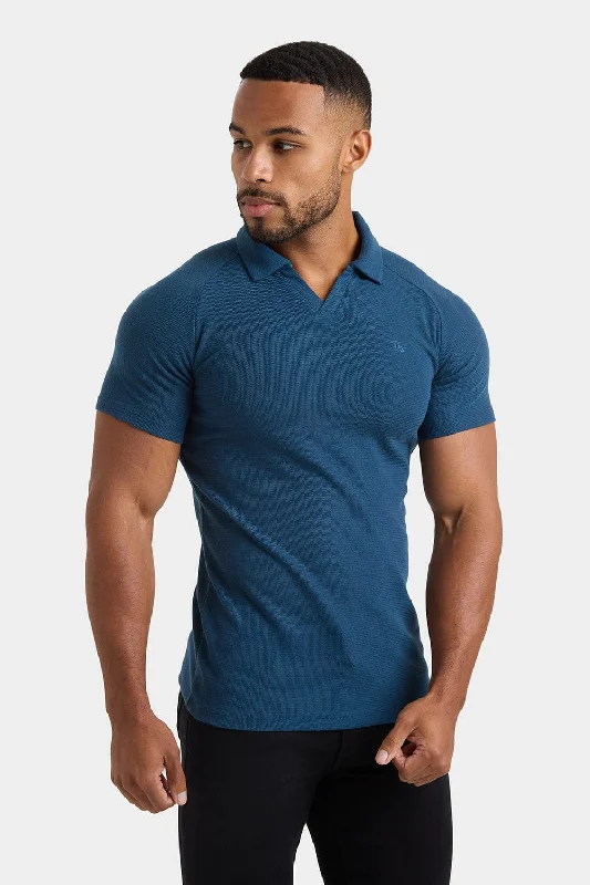 Textured Open Collar Polo Shirt in Teal